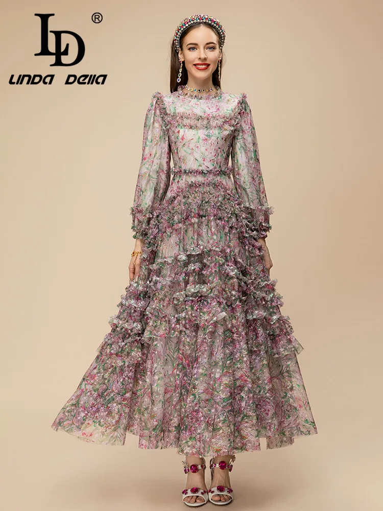 

LD LINDA DELLA 2023 Summer Runway Designer Vintage Dress Women's High Waist Cascading Ruffle Print Splice Party Long Dress