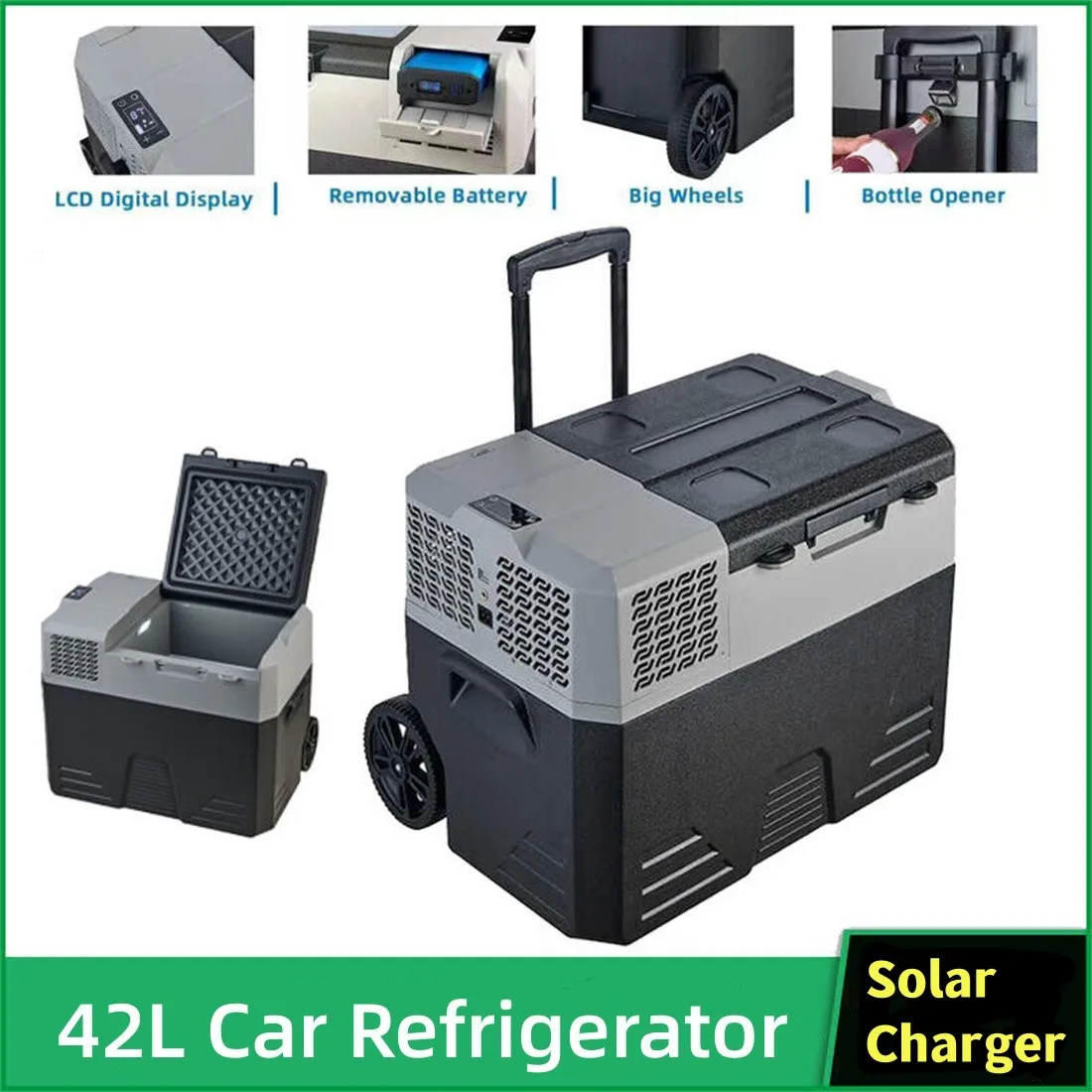 

42L Mini Refrigerator Freezer Portable Car Fridge 12V 24V With Solar Charger Board Handle Wheel for Camping Picnics Travel