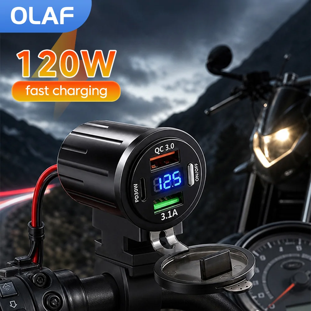 Three Ports 120W USB Car Charger PD Dual QC3.0 USB Charger Socket with With Digital Voltmeter Button Switch for Motorcycle Car