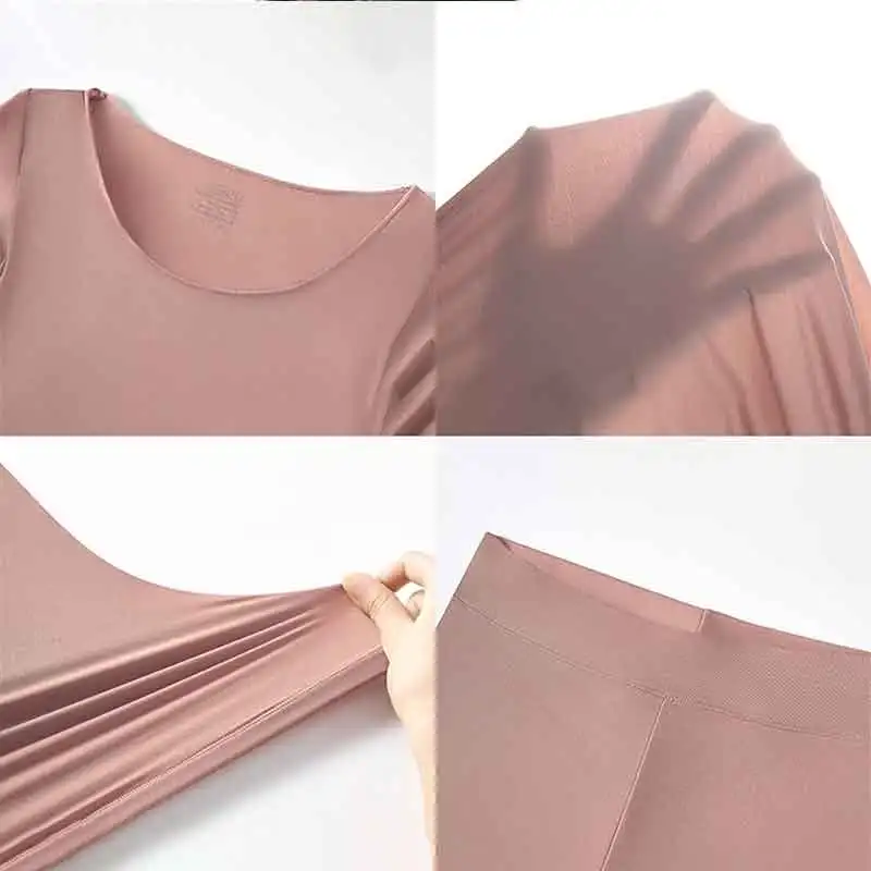 Seamless Ultra-thin Thermal Underwear Suit, Soft & Comfy Long Sleeve Round Neck Top, Women's Bottoming Lingerie & Sleepwear