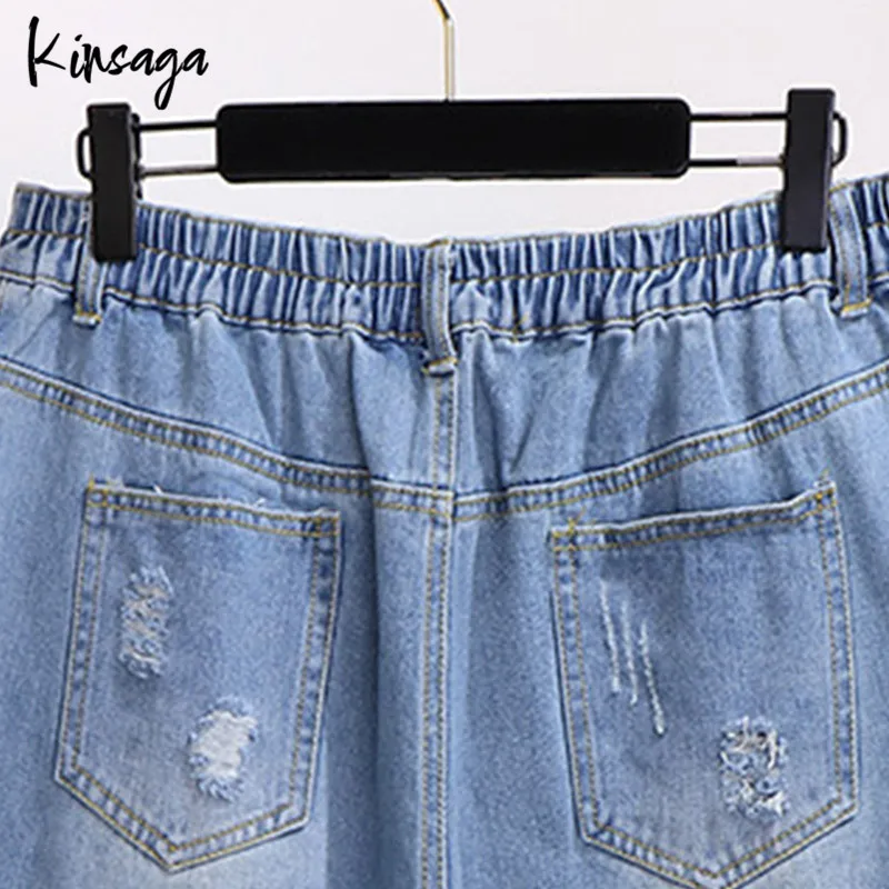 Plus Size Ripped Holes Knee Length Jean Capris Mom 6xl Grunge Slouchy Elastic High Waist Fray Revers Half Demin Trousers Female