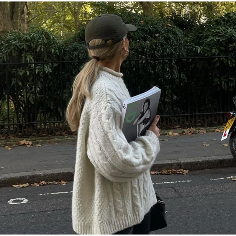 Casual Knitted Long Sleeve Sweaters Women Loose White Half High Neck Pullover Sweater Female Autumn Simple Chic High Street Tops
