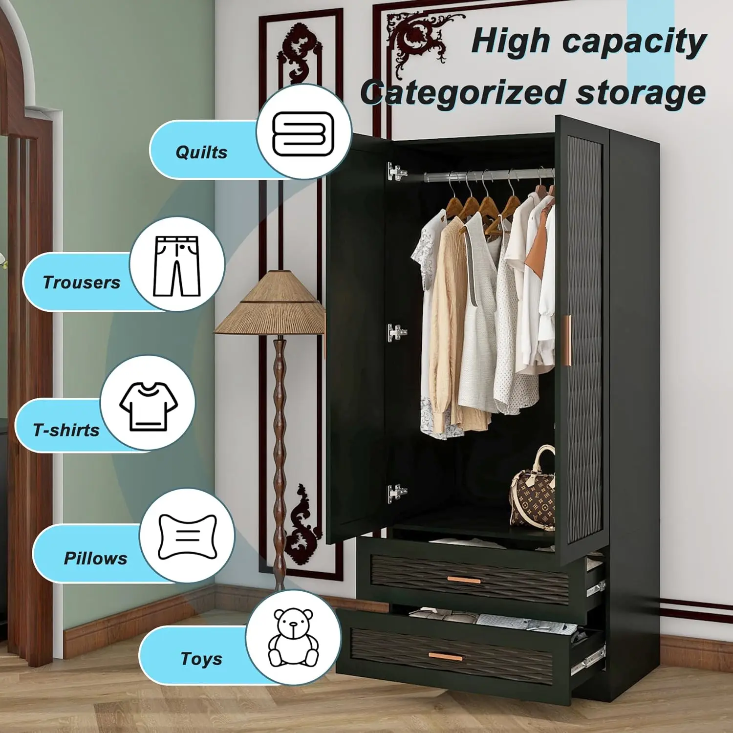 Wood Armoire Wardrobe Closet with Mirror, Storage Cabinet Bedroom Freestanding Wardrobe Combination for Hanging , Black 70.47”H 5