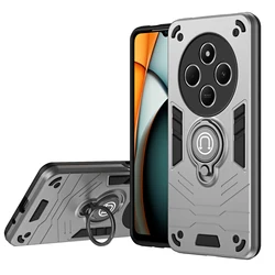 Rugged Shockproof Phone Case with Magnetic Ring Holder and Dual-Material Design for Redmi 14C 4G (Gray)