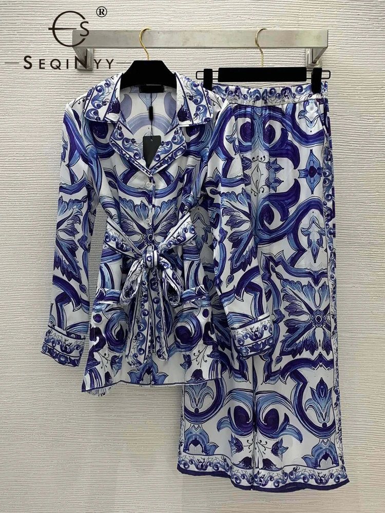 

SEQINYY Elegant Suit Summer Spring New Fashion Design Women Runway Vintage Flowers Print High Street Blouse + Loose Pants Sicily