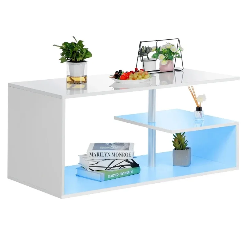 High Gloss Coffee Table with LED Lights Open Shelf Smart APP Control S Shaped Modern Sofa Side End Table for Living Room 6