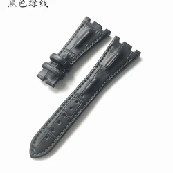 Elegant 28mm Leather Watch Strap in Coffee Brown with Folding Clasp for 28mm (Black green line)