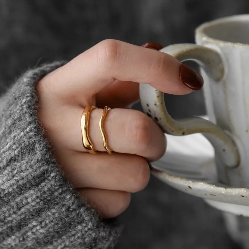 Ripple Stainless Steel Rings For women Gold Color Chunky Band  Stackable Silver Stacking Irregular Wave Minimalist Jewelry Set 5