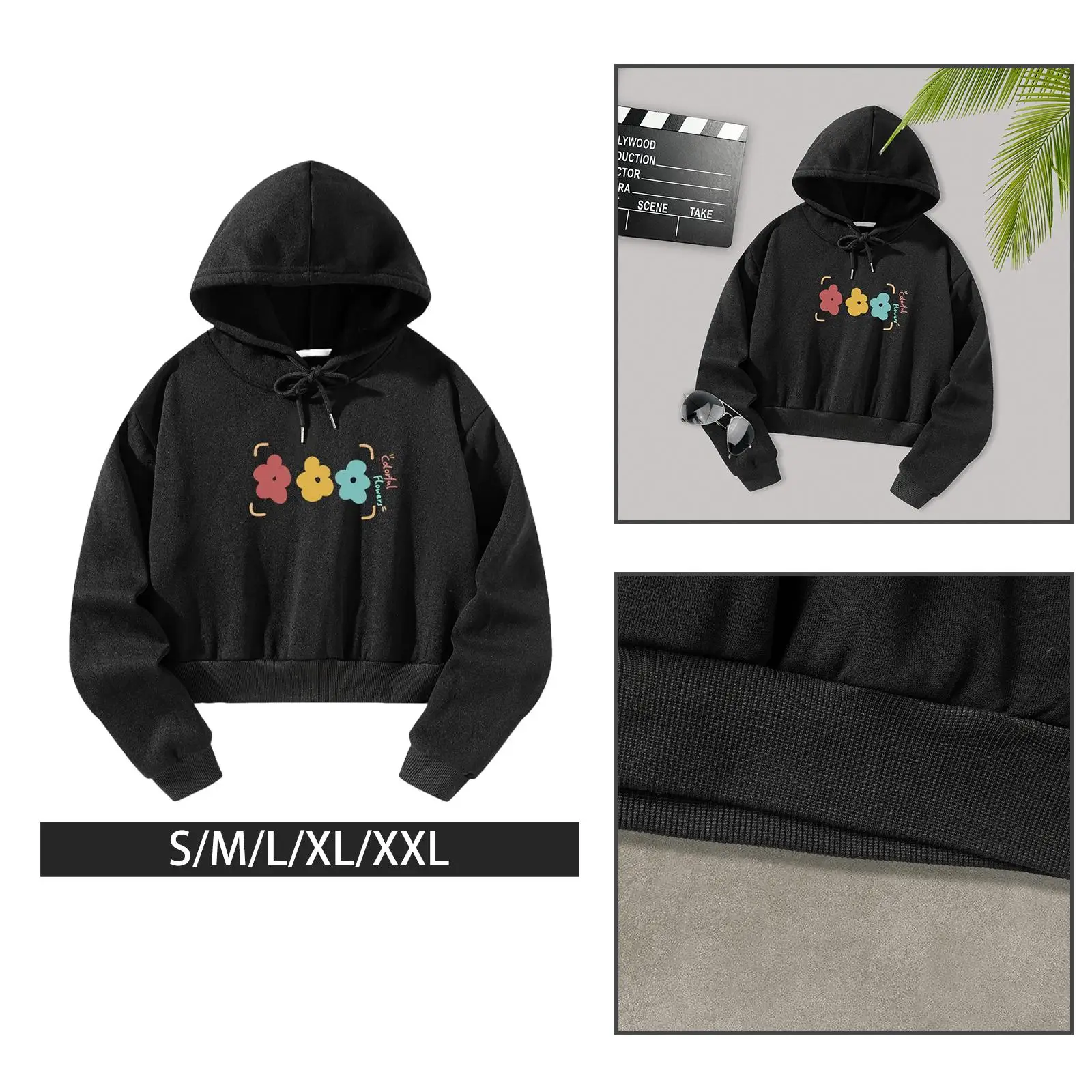 Women`s Crop Hoodie Sweatshirt Black Gift Pullover Hooded Sweatshirt Fashion Pullover Tops for Work Walking Autumn Spring Travel