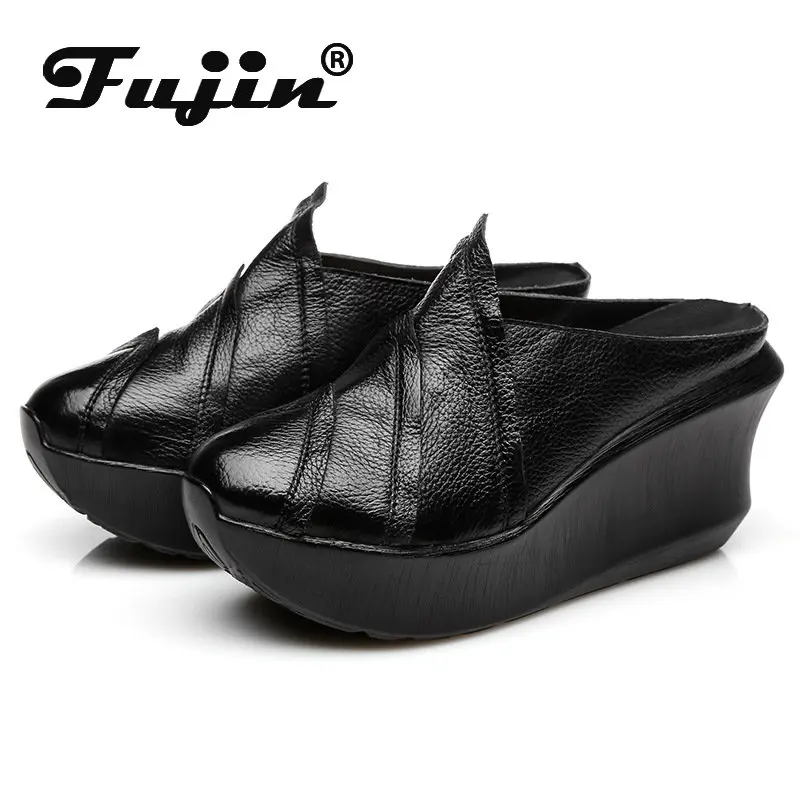 

Fujin 8cm Cow Genuine Leather Sandals Slippers Luxury Elegance Summer Ethnic Women Platform Wedge Leisure Novelty Slides Shoes