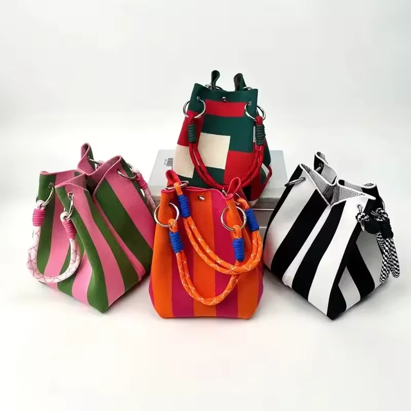Multi-Color Knitted Retro Bucket Handbag Color-Block Simple Design Versatile Easy-Carry Retro Handbag 3