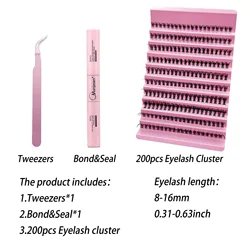 Premium DIY Lash Extension Kit - 200 Piece Cluster Lashes with Bond & Seal Accessories (40D Set)