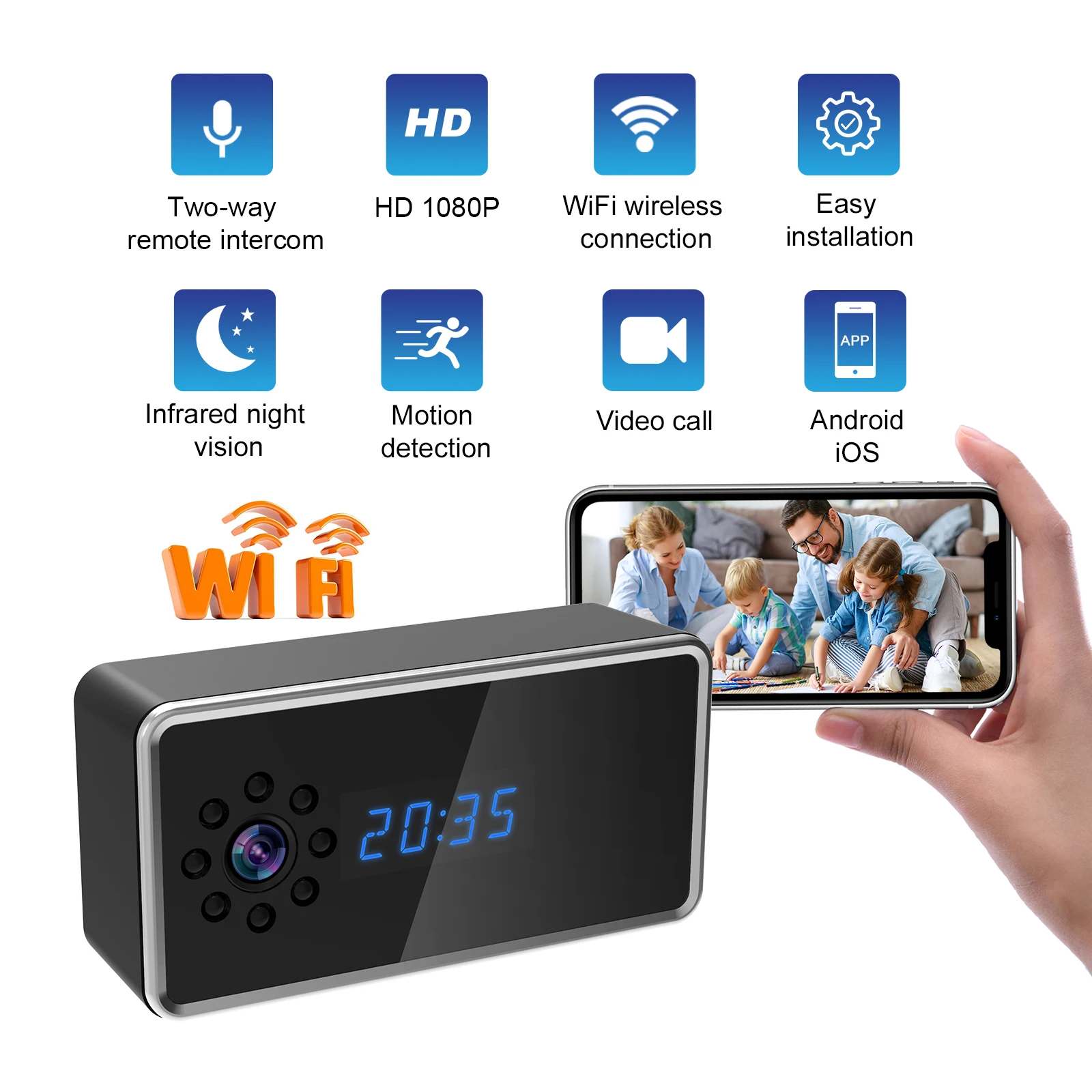 

4K HD WiFi Mini Camera, Electronic Clock, Take Photo, Two Way Audio, Infrared Night Vision, Indoor Security Protection Cam