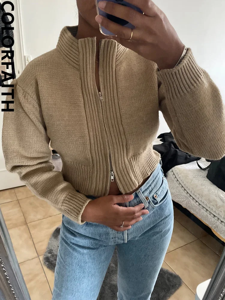 

Colorfaith New 2022 Zippers Cardigans Knitted Vintage able Elagant Women's Autunm Winter Sweaters Short Tops SWC3217JX