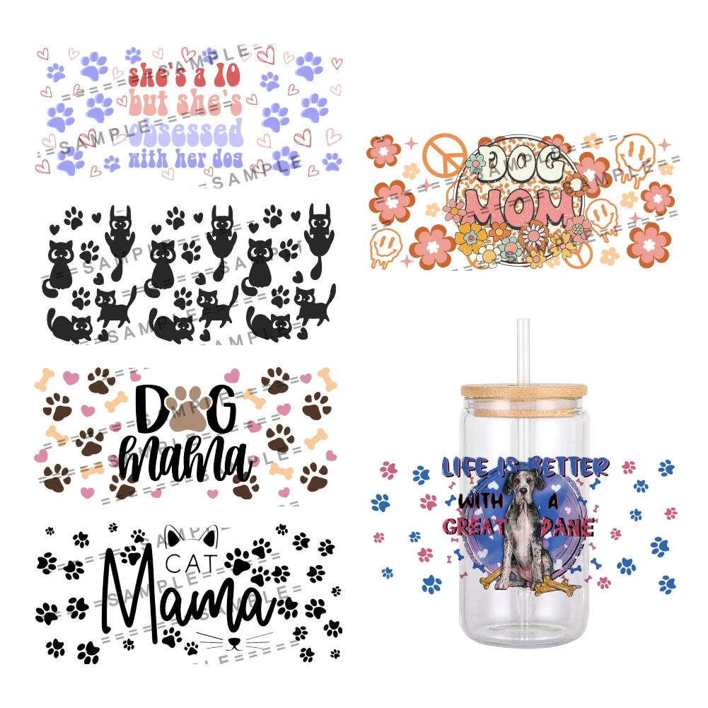 Cartoon Paw Animals Cat Dogs Pattern UV DTF Transfer Sticker Waterproof Transfers Decals For 16oz Glass Cup Wrap Stickers