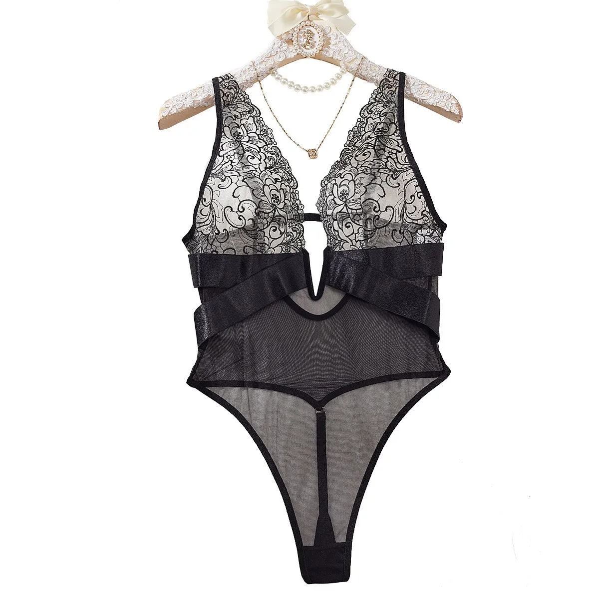 Black Sexy Lingerie Set with See-through Embroidery and Mesh Fabric Low-cut Backless One-piece Lingerie Exotic Sets
