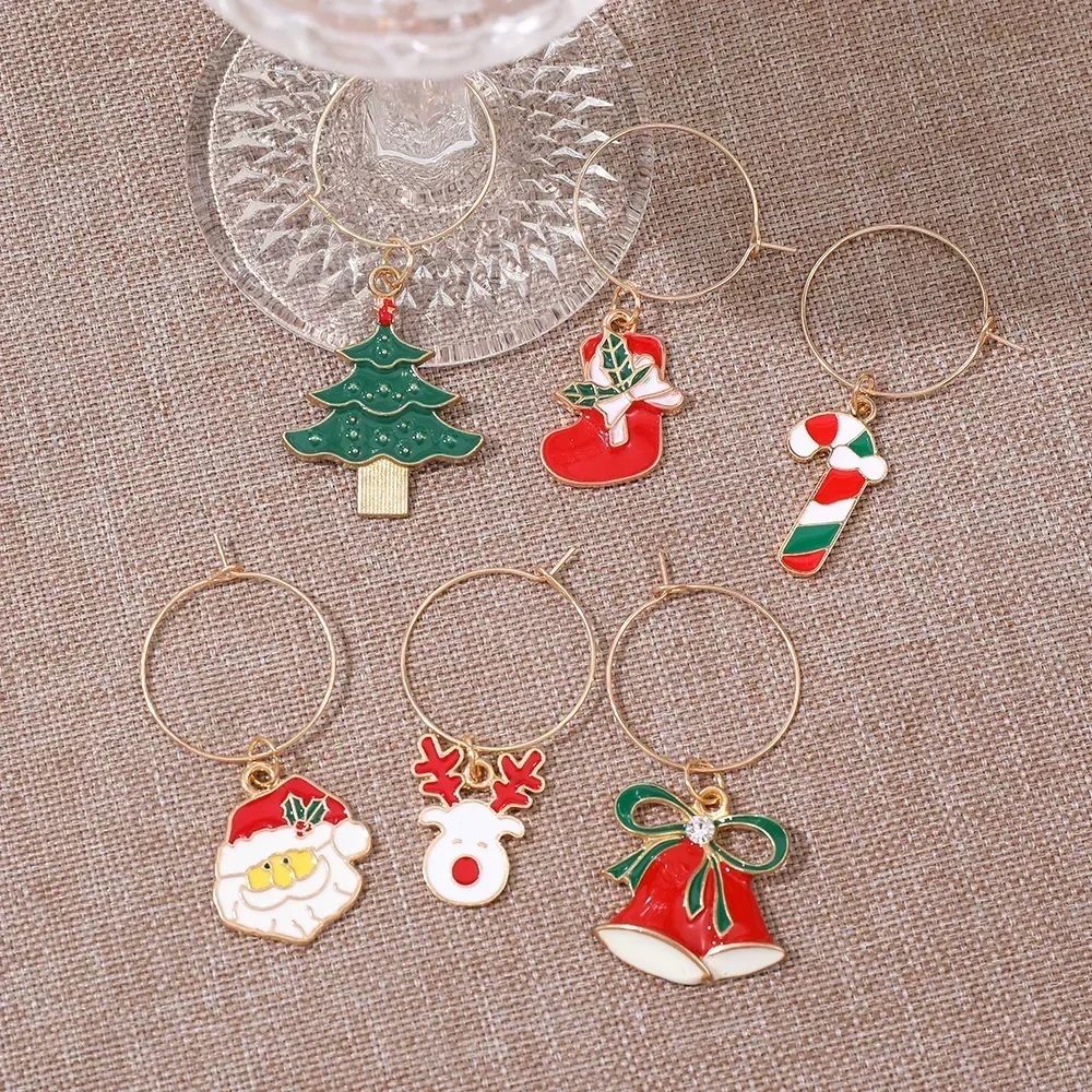 6pcs/set Christmas Wine Glasses Decoration Charm Party New Year's Cup Ring Decoration 2024 Christmas Charms Home Decoration