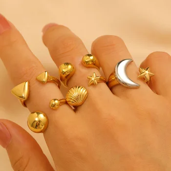 Stainless Steel Gold Color Geometric Ring 2025 Trending New Moon Star Water Drop Bean Rings For Women Jewelry Anel Bague Anillos