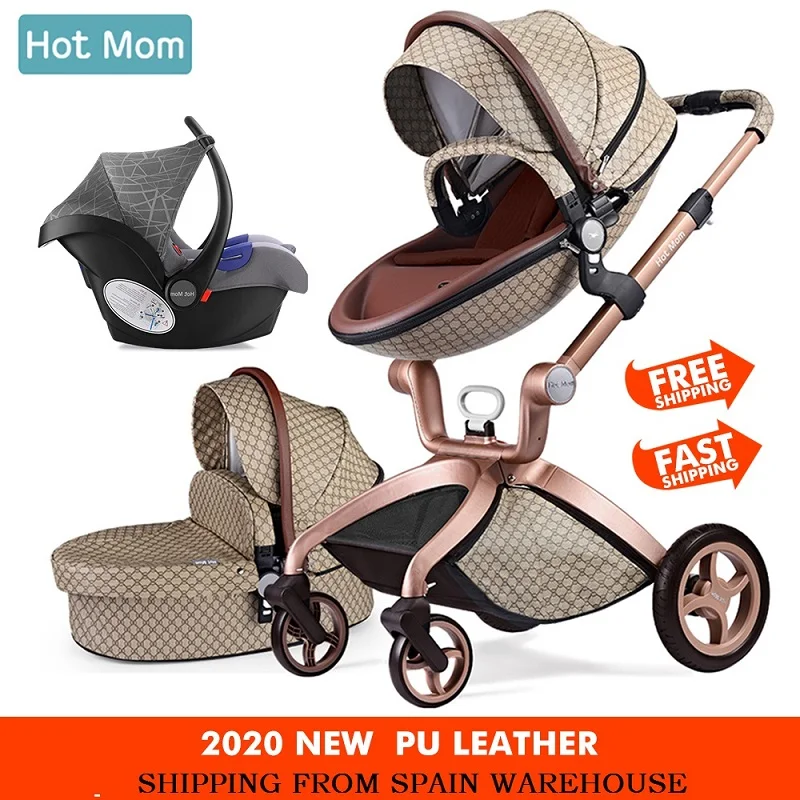 Leather Grid Hot Mom Stroller High Landscape Folding Chair Luxury Pram with Bassinet