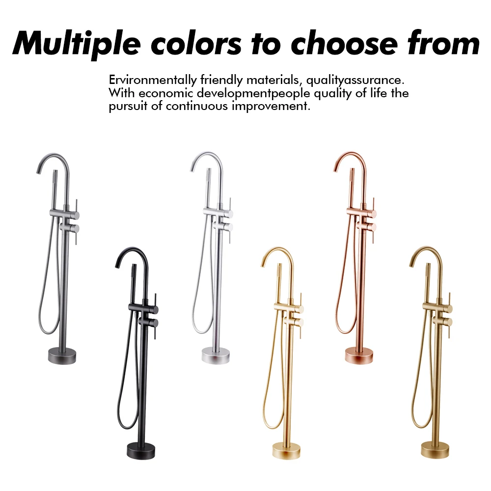 Brushed Gold Freestanding Bathtub Faucet 2 Handle Diverter Shower Faucet Floor Mounted Mixer 2 Functions Hot And Cold Tap 6