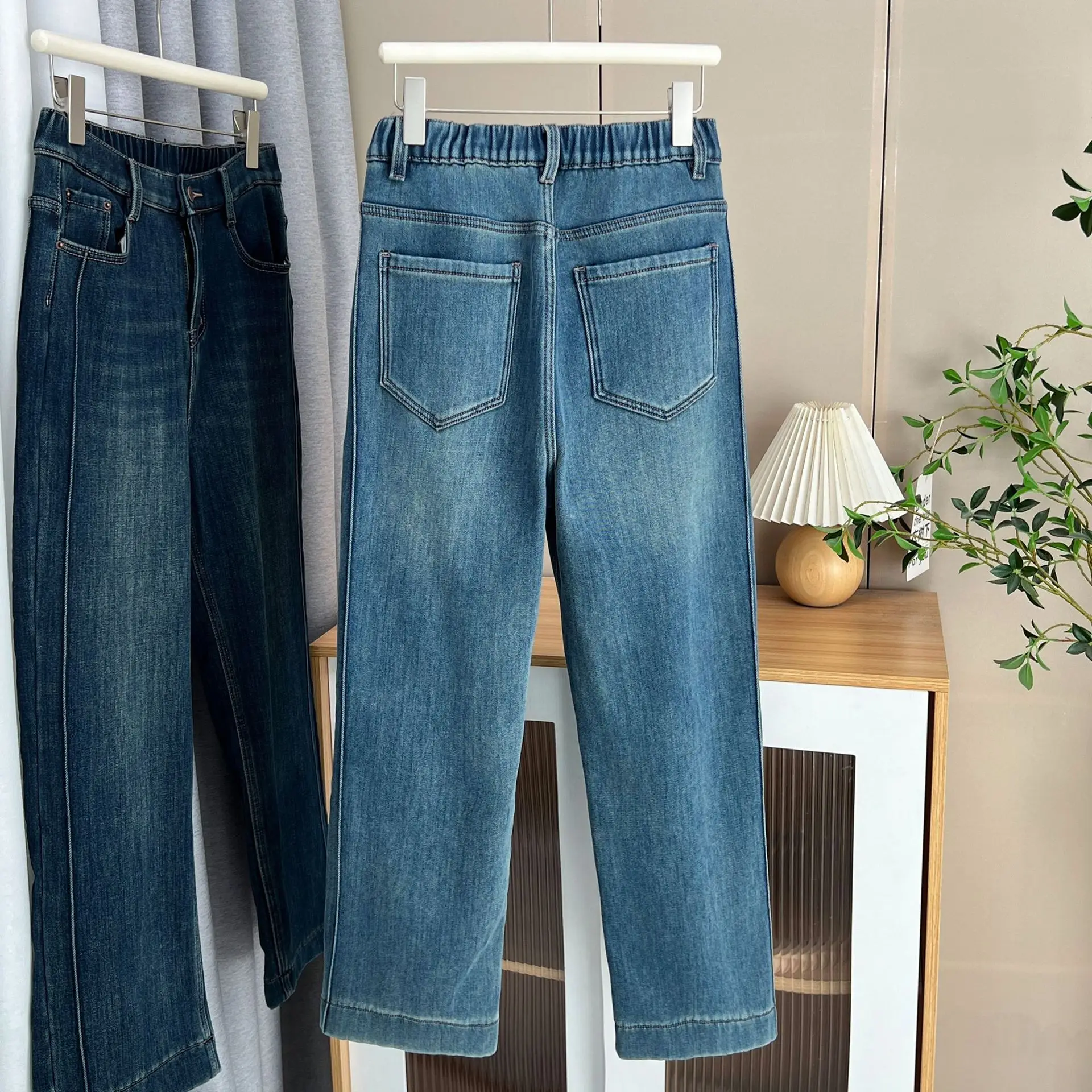 Fashion Plus Size Women's Straight Leg Jeans New Style Simple XXXXXL Winter Fleece Warm and Thickened Denim Long Pants 8661