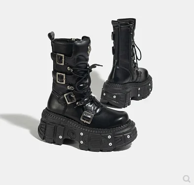 Women Metal Platform Middle Tube 2024 New Dark Punk Increased Lace-up Female Zipper Girl Motorcycle Boots