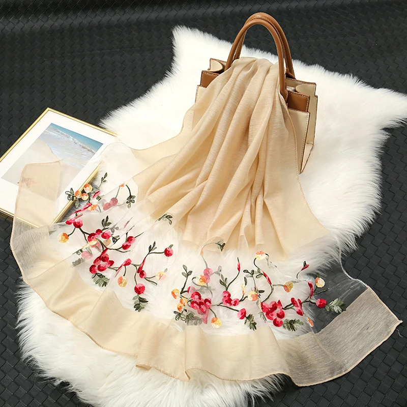 

Embroidery Shawl For Women Solid Silk Scarf Long Scarves Pashmina Bufanda Hijab Wraps Female Shawl Hair Hijab Bandana Gift