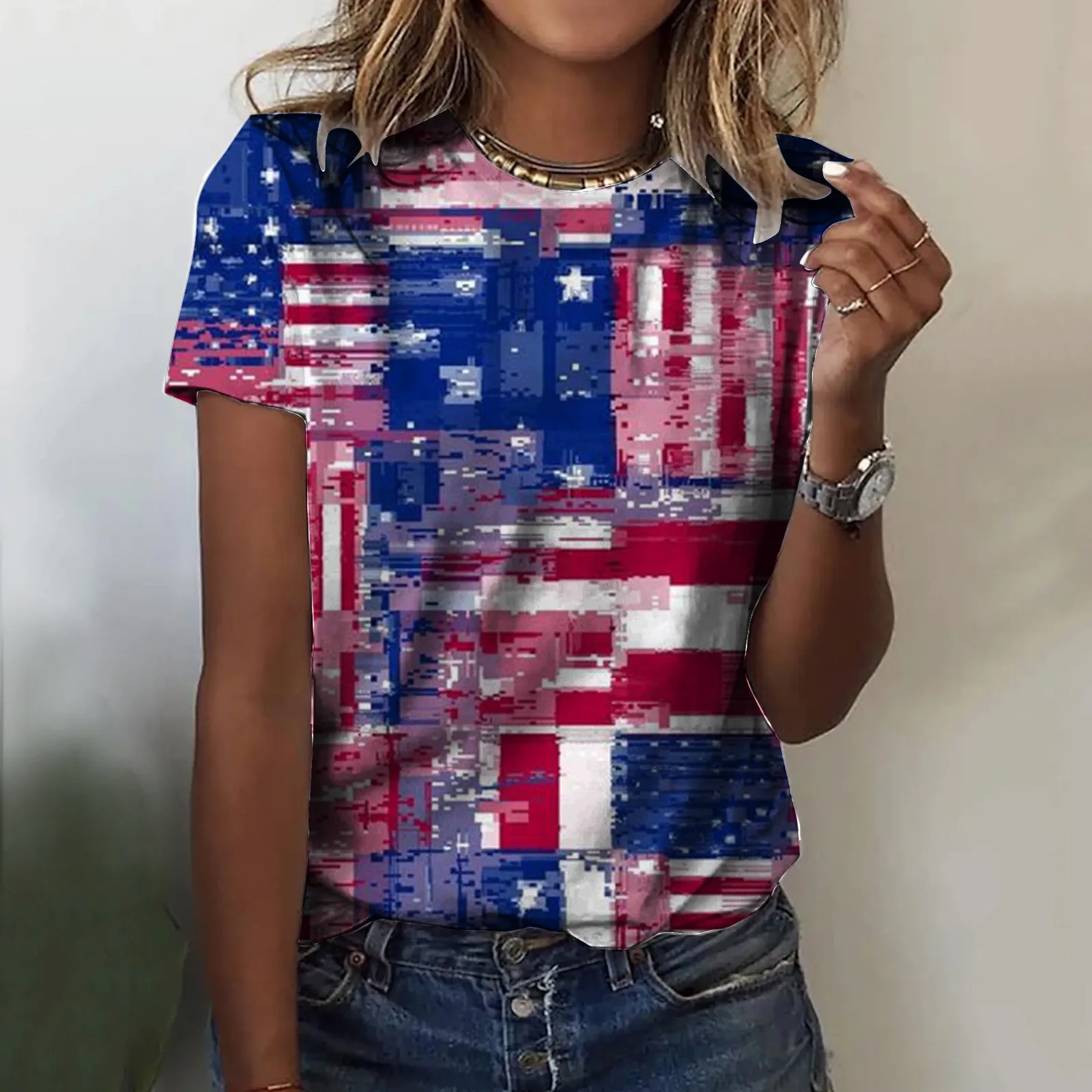 

Women's Summer Independence Day Printed Short Sleeved Round Necked 3D Digital Long Sleeve Plain Shirt Women Workout Women Shirt
