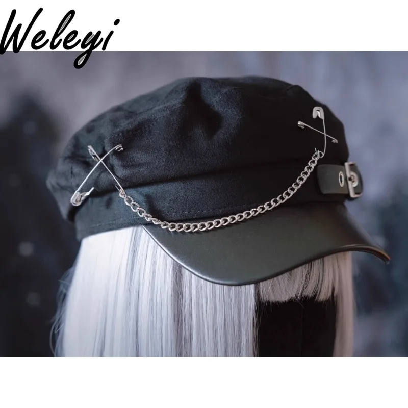 Jirai Kei Kawaii Y2k Hat American Fashion Super Cute Handmade Square Leather Buckle Chain Newsboy Cap Dark Subculture Black Hats