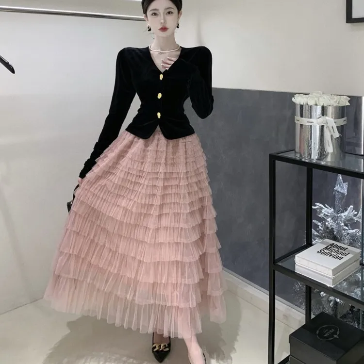 

French Vintage Casual Two Piece Set Women Black Velvet Slim Shirt Top + Mesh Ruffles Cake Long Skirt Office OL Ladies Suits