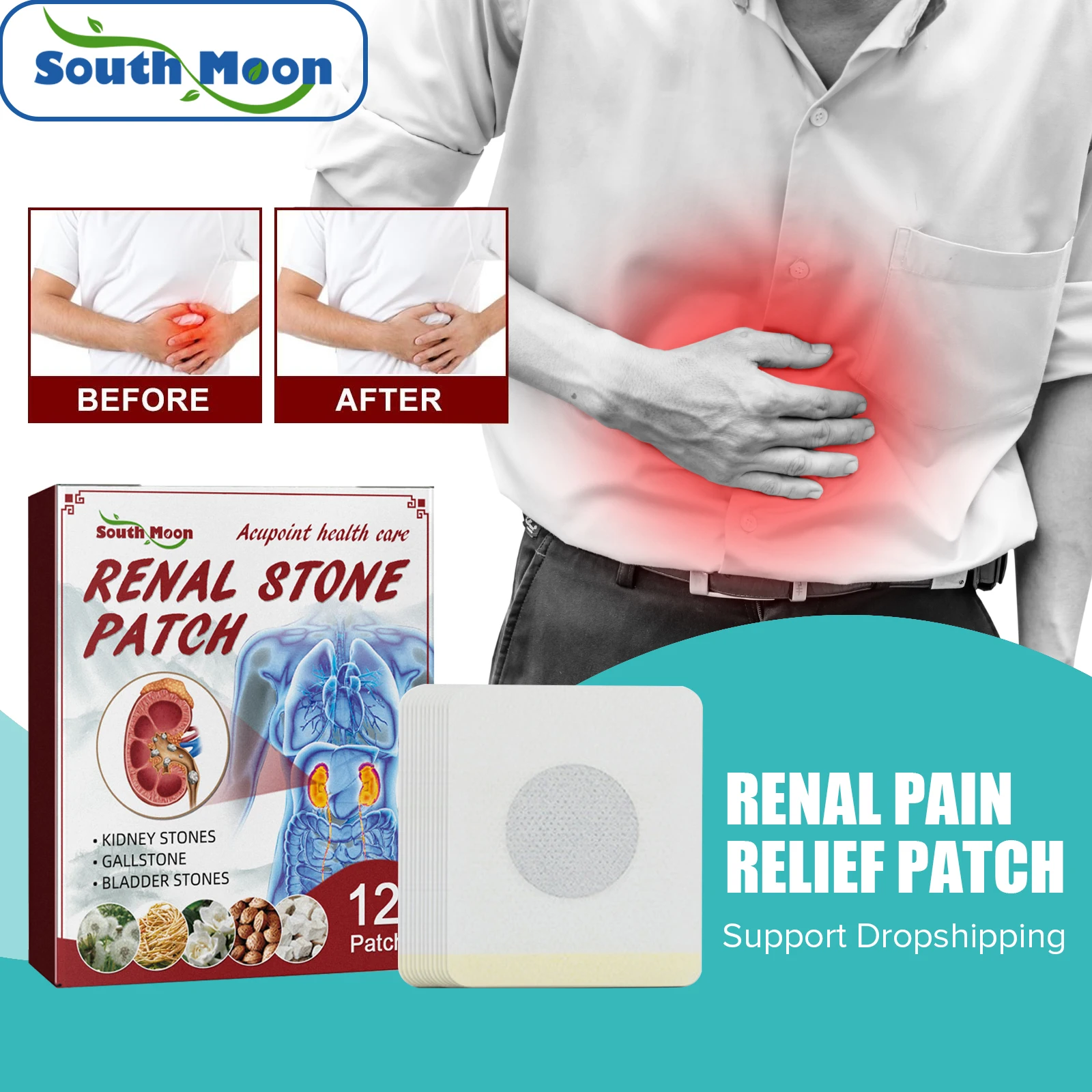 

South Moon Renal Pain Relief Patch Chinese Herbal Medicine Dispel Pain Activate Body Soothe Kidney Health Care Stickers 12pcs
