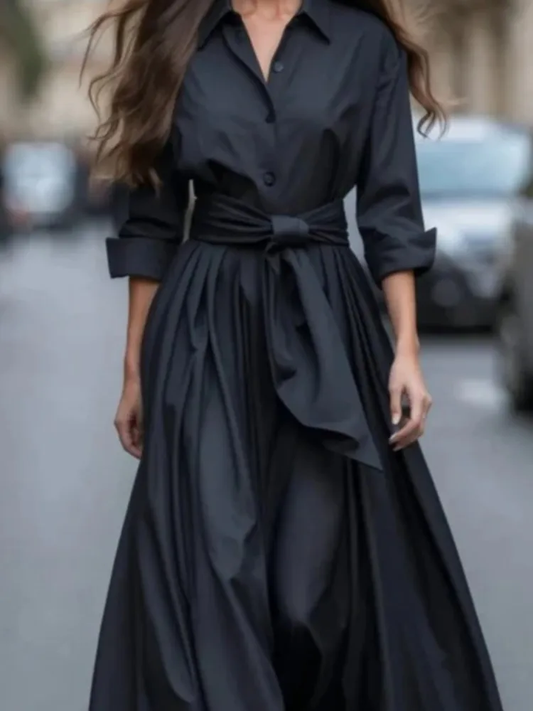 قميص نسائي بلون واحد فساتين طويلة مزاجه أنيقة التل...