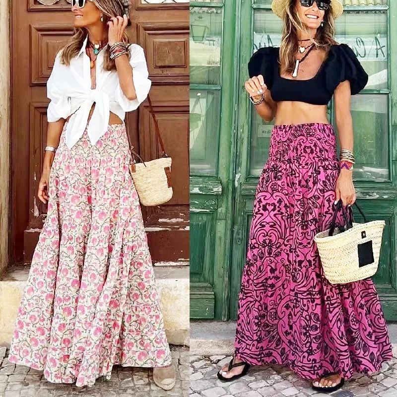 Women's Vintage Print A-Line High Waist Ruffles Long Skirt Summer Skirts Rose Red Casual 8657