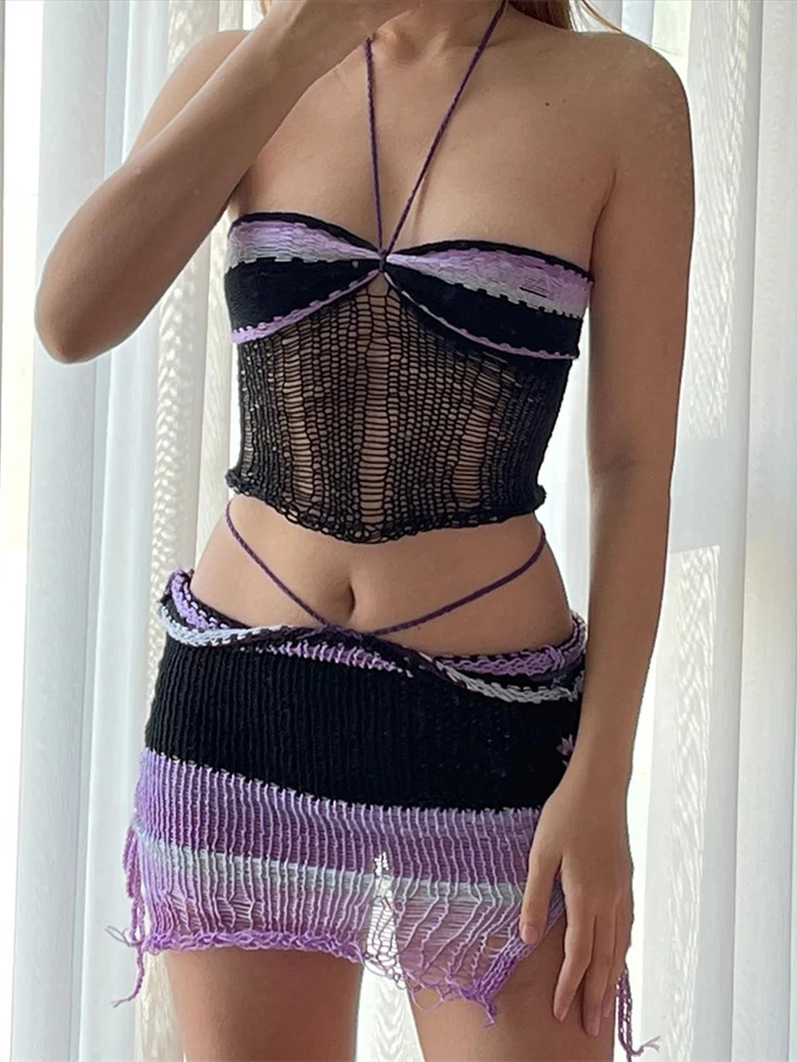 

Yiiciovy Women Summer 2 PCS Outfits Skirts Set Knit Crochet Cutout Sleeveless Halterneck Vest and Skirt Beachwear Club Wear Sets