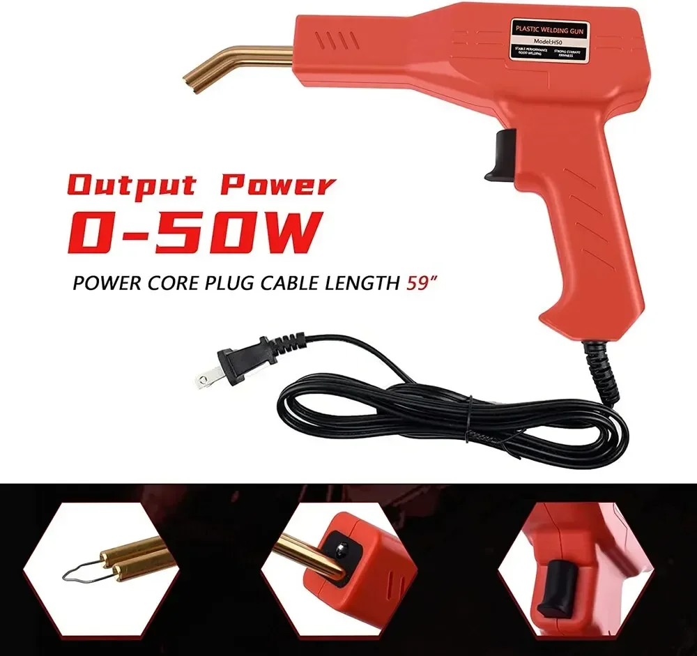 50W 레드 플라스틱 핫 네일건, 못 200/400/800개 포함, 자동차 범퍼 수리 키트, 크래킹 도구, 차고용 PVC 용접 네일러 기계