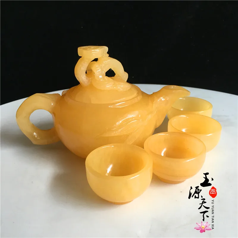 Natural jade gift ornaments beige jade tea set Ruyi hip flask teapot teacup jade business gifts 4