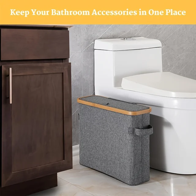 Porte-papier hygiénique en bambou avec couvercle - Organisateur de salle de bain autonome avec poignée, boîte de rangement de mouchoirs fermée 5