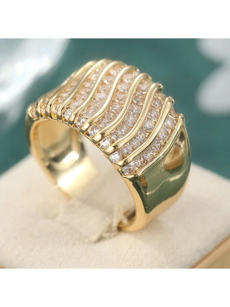 Golden Wide Band Chunky Statement Ring with Synthetic Cubic Zirconia