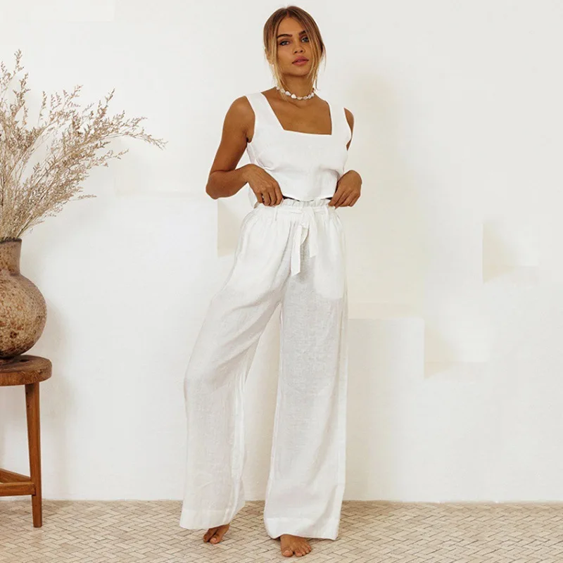 Cotton Linen Two Piece Top Pant Sets Causal Women's Soild Sleeveless Tops Linen Suit With Pockets Summer Hoilday Festival Outfit