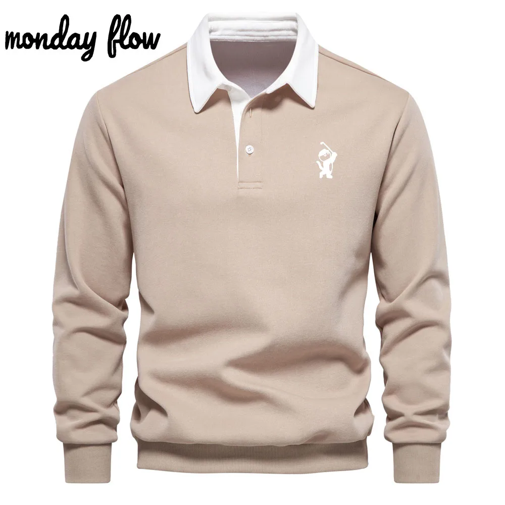 Monday Flow Men's Pure Cotton Long Sleeved Polo Shirt for Autumn and Winter, New Fashionable and Casual Multifunctional Golf Top
