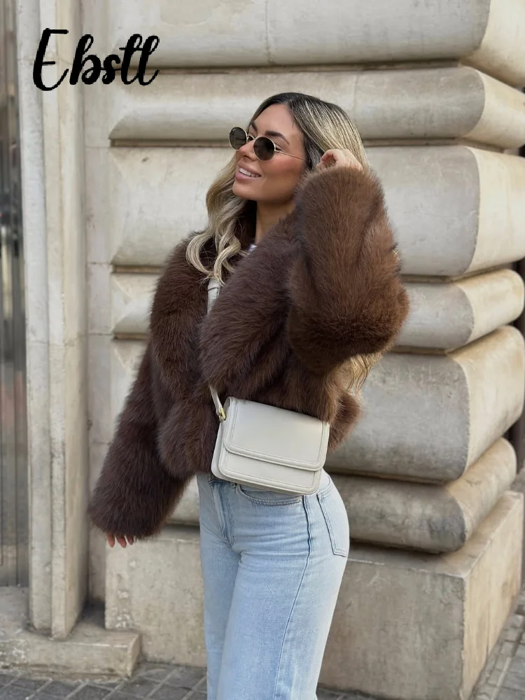 Manteaux de fourrure moelleux marron uni pour femmes, Vintage, revers, manches longues, veste chaude épaisse, nouvelle collection automne hiver 20225, Chic, vêtements d'extérieur amples