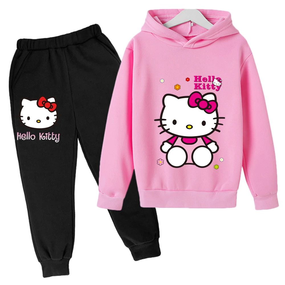 

Girls Hello Kitty Sweatshirts Boys Hoodie Sets Hip Hop Pullovers Tops Loose Long Sleeves Autumn Kids Clothes Homme