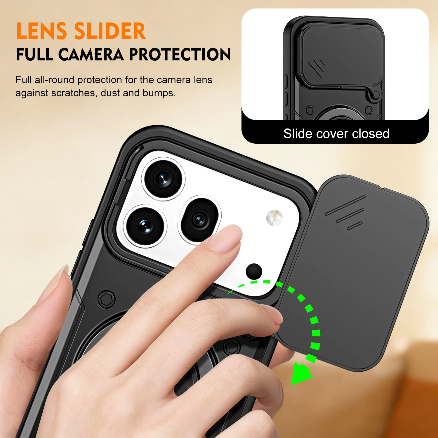 Dual-Function Dropproof Protective Case with Sliding Lens Cover and Metal Ring Bracket
