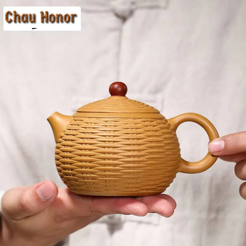 280ml Yixing Purple Clay Teapots Handmade Bamboo Braided Xishi Tea Pot Raw Ore Gold Section Mud Kettle Teaware Tea Ceremony Gift