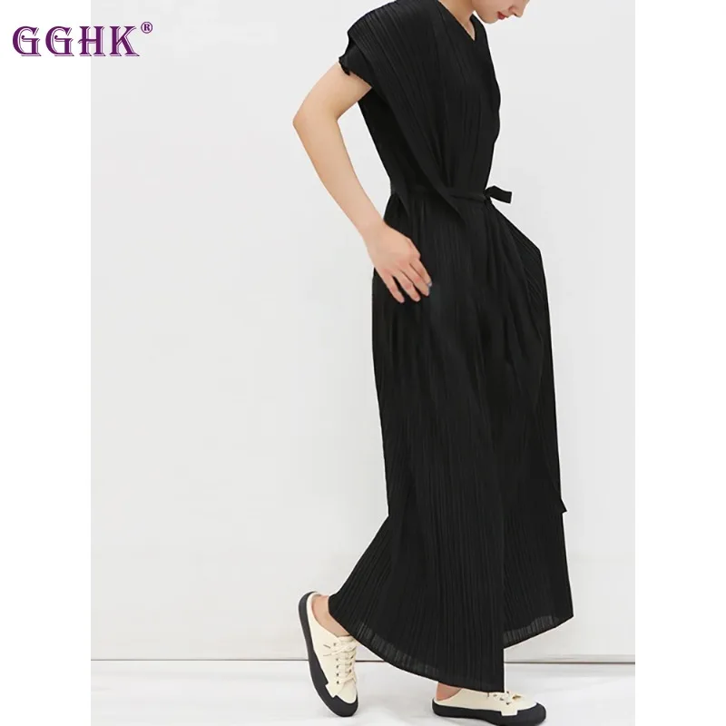 gghk-miyake-pleated-women-jumpsuit-solid-color-v-neck-short-sleeve-bandage-design-casual-retro-loose-large-size-female-jumpsuit