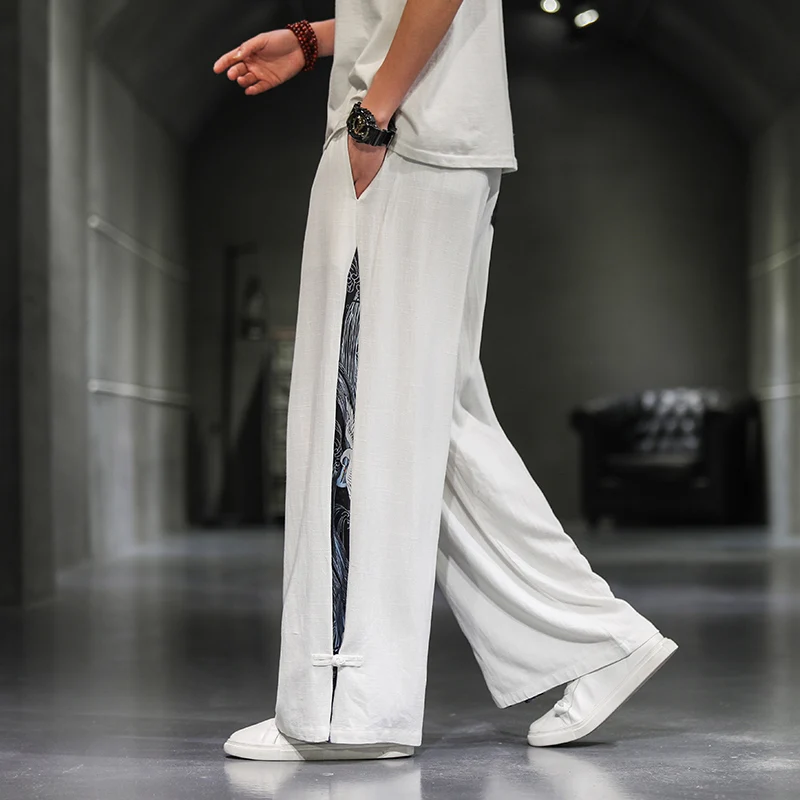 Men Chinese Style Wide Leg Flared Pants Men's National Style Casual Hip Hop Kung Fu Pants Hanfu Traditional Trousers Streetwear