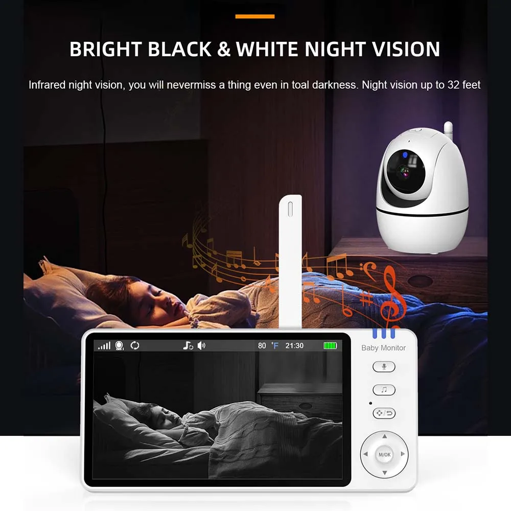 Video Baby Monitor da 5 pollici, Audio bidirezionale wireless per interni, Sorveglianza dei bambini della madre, Telecamera IP Mini PTZ 2.4G, Telecamera di sicurezza domestica per bambini, Con display di temperatura