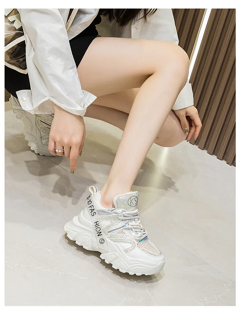 6cm Air Mesh Leather Bling Platform Sneakers