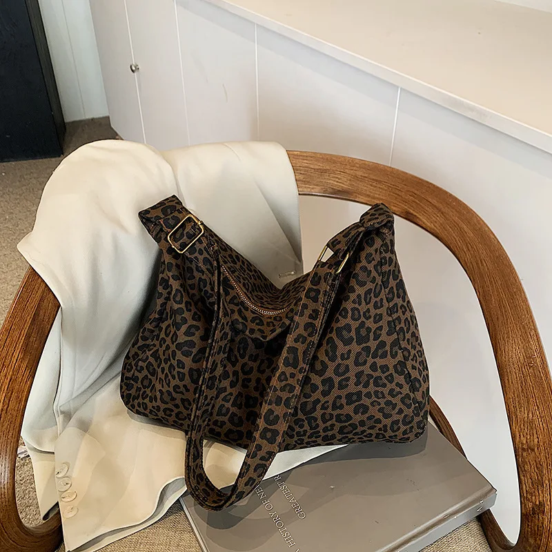 Borsa A Tracolla In Velluto A Coste Leopardo - Capiente E Alla Moda Per Donna, Per Shopping, Scuola, Viaggi - 2