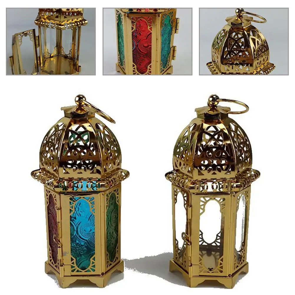 

Gold European Castle Candlestick Vintage Hanging Candle Holder Moroccan Glass Candle Lantern Wedding Home Decor Ornaments
